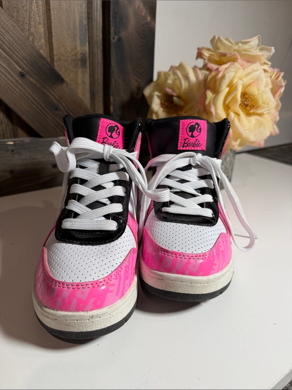 Barbie Pink, White & Black Kids High-Top Sneakers